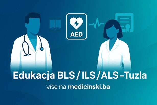 Minimalistička ilustracija edukacije iz hitne medicinske pomoći — BLS, ILS i ALS kursevi u Tuzli, sa AED uređajem, EKG linijom i medicinskim timom.