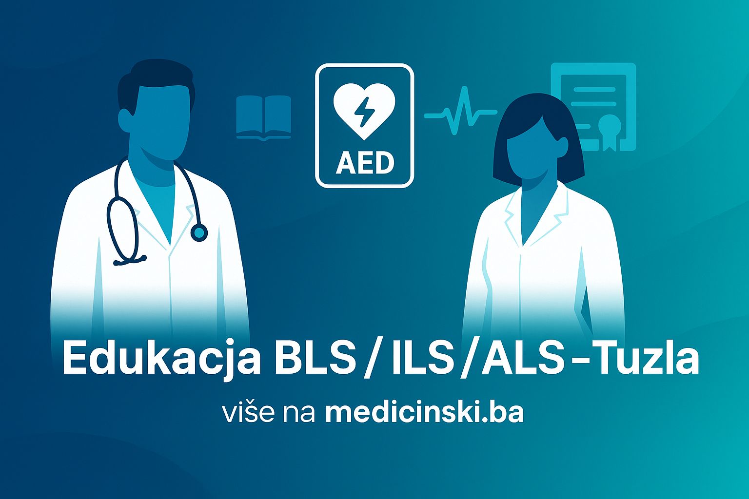 Minimalistička ilustracija edukacije iz hitne medicinske pomoći — BLS, ILS i ALS kursevi u Tuzli, sa AED uređajem, EKG linijom i medicinskim timom.