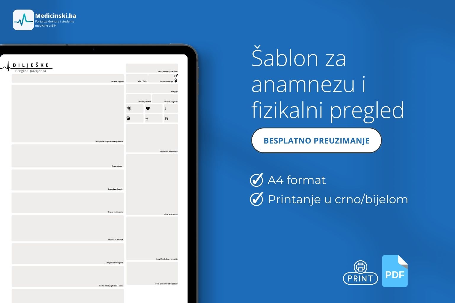 Besplatan PDF šablon za anamnezu i fizikalni pregled pacijenta, idealan za studente medicine i ljekare.