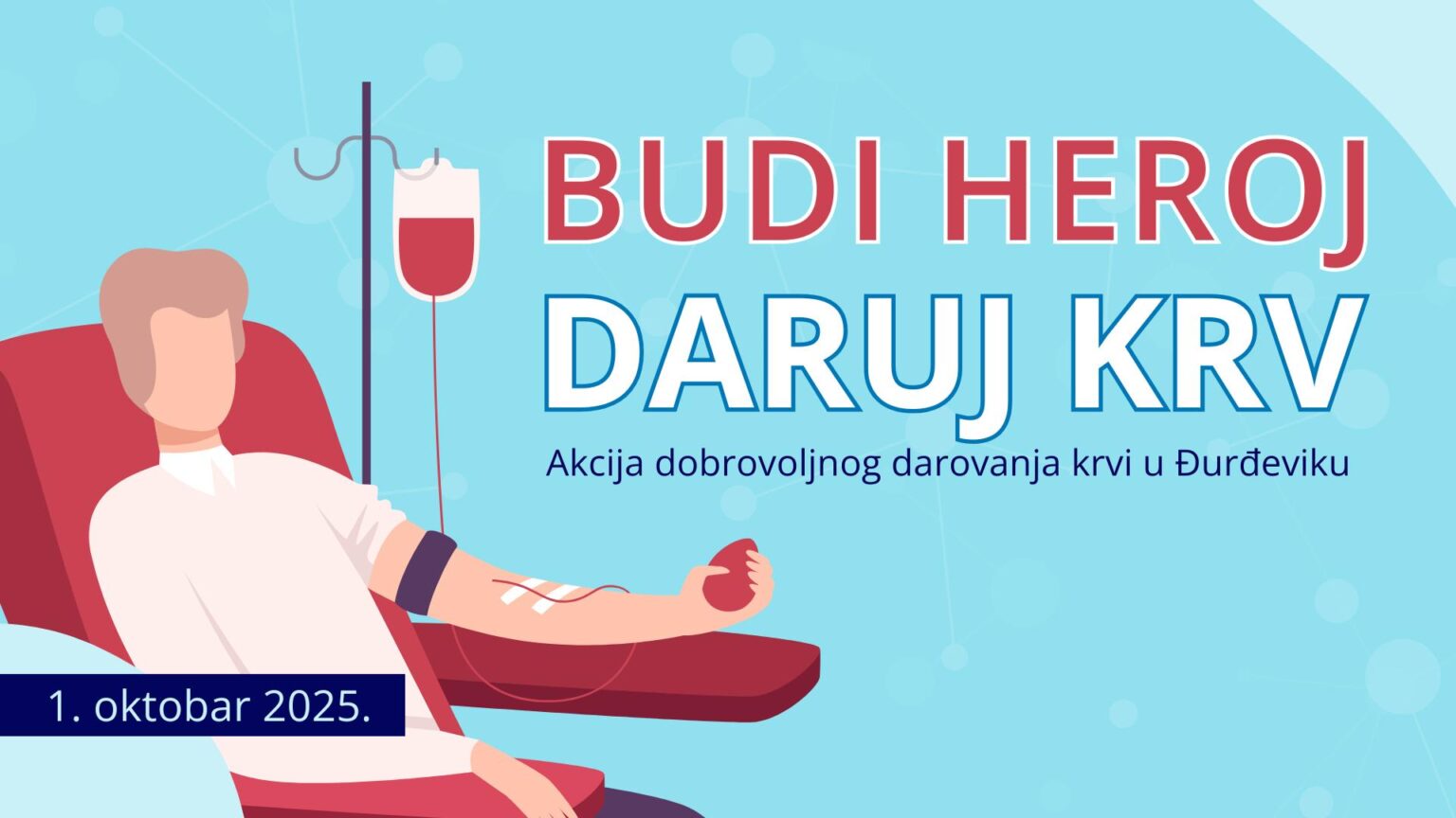 Minimalistička ilustracija akcije dobrovoljnog darivanja krvi – ruka i medicinski simbol, Đurđevik 1. oktobar 2025.