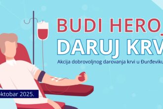 Minimalistička ilustracija akcije dobrovoljnog darivanja krvi – ruka i medicinski simbol, Đurđevik 1. oktobar 2025.