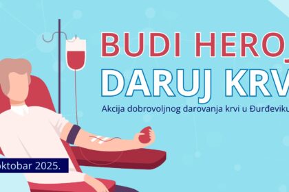 Minimalistička ilustracija akcije dobrovoljnog darivanja krvi – ruka i medicinski simbol, Đurđevik 1. oktobar 2025.