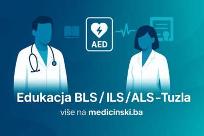 Minimalistička ilustracija edukacije iz hitne medicinske pomoći — BLS, ILS i ALS kursevi u Tuzli, sa AED uređajem, EKG linijom i medicinskim timom.