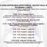 Program konferencije „Plućna arterijska hipertenzija – bolest koju je potrebno liječiti“, održane 16.10.2025. u Općoj bolnici „Prim. dr. Abdulah Nakaš“ u Sarajevu. Sadrži raspored predavanja i imena učesnika – prof. dr. Azra Husić, prof. dr. Ismet Gavrankapetanović, dr. Tijana Muhić-Skalonja, prof. dr. Edin Begić i mr. sci. dr. Anela Šubo.